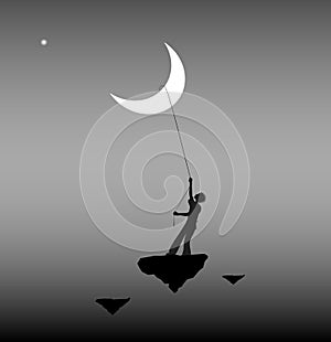 Boy pulling the moon, life on the flying rock, wonderland, dream, photo