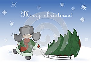 Boy pulling a sledge with a christmas tree