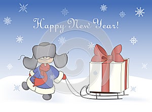 Boy pulling sledge with a gift box