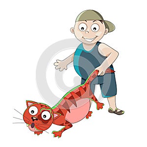 Boy pulls the cat by the tail. Hooligan. Bad behavior isolated on white background. Vector illustration