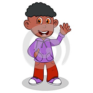 Boy with purple jacket and red trousers waving his hand cartoon