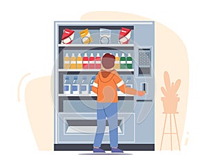 Boy Put Coin For Buying Snack Or Drink In School Cafeteria. Vending Machine Food, Automate Retail Technology