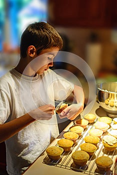 Boy Putting Icing on Cupcakes.