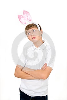 Boy with rabbit ears makes faces