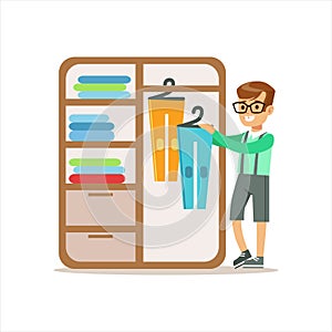 Boy Ranging Clothes In Dresser Smiling Cartoon Kid Character Helping With Housekeeping And Doing House Cleanup