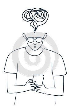 Boy read from smartphone screen line art