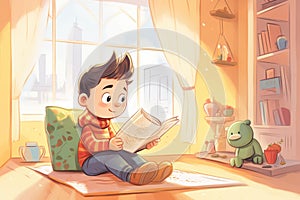 boy reading aloud from a storybook in class