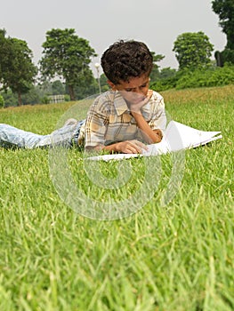 Boy reading book in grass