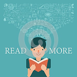 A boy reading a book with knowledge flow into his head. Extend knowledge by reading more concept