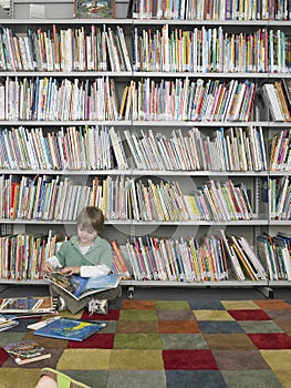 Boy Reading Book In Library