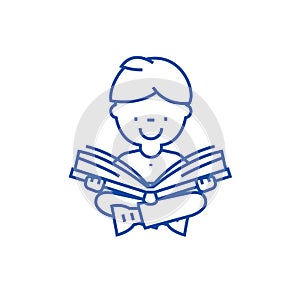 Boy reading book line icon concept. Boy reading book flat  vector symbol, sign, outline illustration.