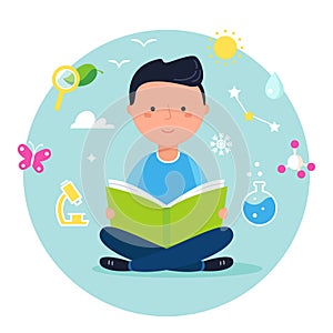 Boy Reading a Book on Science or Nature Study. Modern Vector Illustration