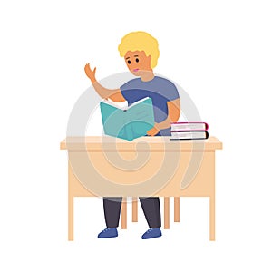 Boy reading book. Smart smiling child sitting on chair with books, happy clever student in classroom, education and