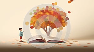 A boy reading a book under an autumn tree in a 2D illustration. The artwork represents the concepts of education, imagination,
