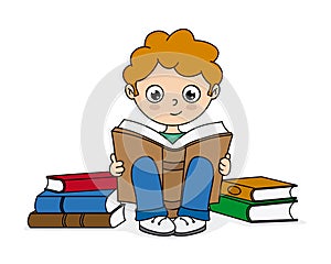 Boy reading surrounded by books