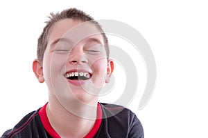 Boy in Red and Black T-Shirt Laughing Joyfully