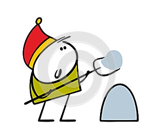 Boy in red cap shovels snow, cleans the path to the house. Vector illustration of a winter elf preparing for Christmas