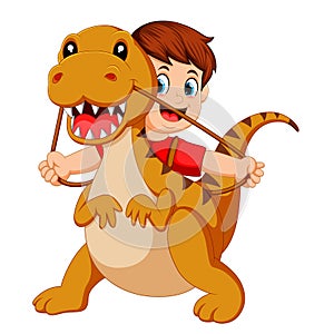 The boy with the red cloth using the Tyrannosaurus Rex costume and pull the rope