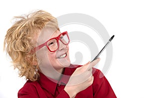 Boy in red glasses.