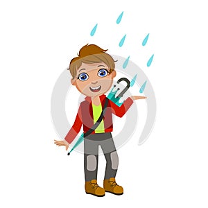 Boy In Red Jacket Catching Raindrops, Kid In Autumn Clothes In Fall Season Enjoyingn Rain And Rainy Weather, Splashes