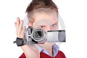 Boy in red jacket with HDV camera