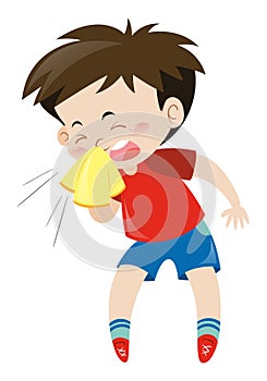 Boy in red shirt sneezing photo