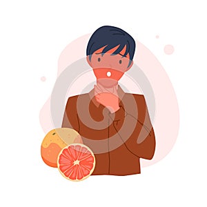 Boy with red skin, fever, child suffering from allergic symptom after eating grapefruit
