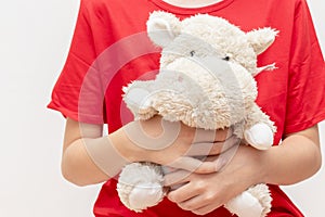 A boy in red t-shirt holding, hugging a soft toy teddy
