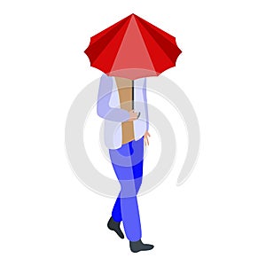 Boy with red umbrella icon, isometric style