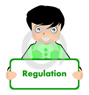 Boy with regulation sign, english, rules, isolated.