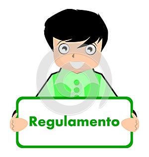 Boy with regulation sign, portuguese, rules, isolated.