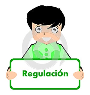 Boy with regulation sign, spanish, rules, isolated.