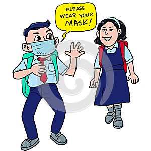 A boy reminds the school girl to wearing the medical mask