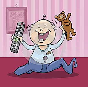 Boy with remote control and teddy bear