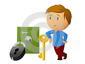 Boy rest with key and locked safe on background