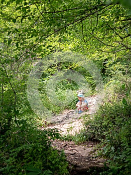 Boy rests on a trail in thick green forest