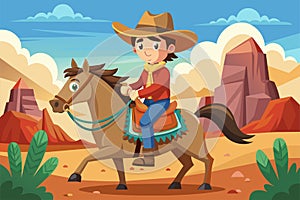A boy rides a horse in the desert landscape under the scorching sun, Cowboy on horse Customizable Cartoon Illustration