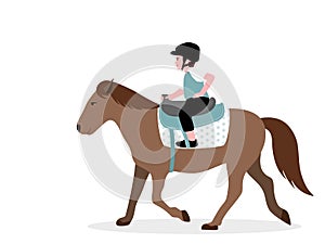 A boy riding horse with smiling, flat vector illustration