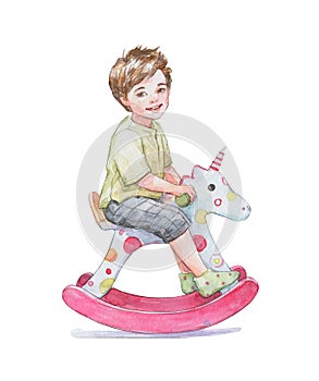 boy riding rocking unicorn horse