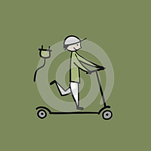 Boy riding a scooter. Rental Bike Icons Design, Ecological Green transport. Sketch for your design