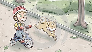 Boy riding a tricycle bike and followed by shiba dog in a park photo