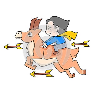 Boy riding a war horse dodging arrows, doodle icon image kawaii