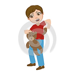 Boy Ripping Apart Teddy Bear, Part Of Bad Kids Behavior And Bullies Series Of Vector Illustrations With Characters Being