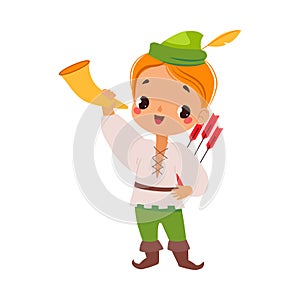 Boy Robin Hood with Trumpet and Arrow as Fairy Tale Character Vector Illustration