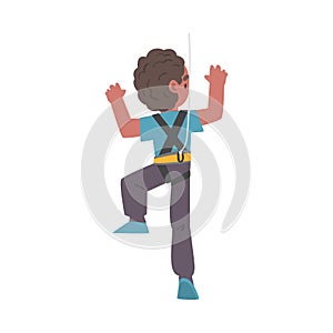 Boy Rock Climber Character, Back View of Child Climbing Wall on Ropes, Boy Doing Sports or Having Fun in Adventure Park