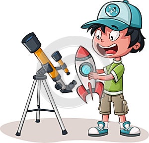 boy with rocket toy and telescope