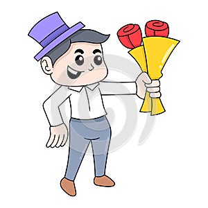 Boy is romantically bringing red roses for his partner, doodle icon image kawaii
