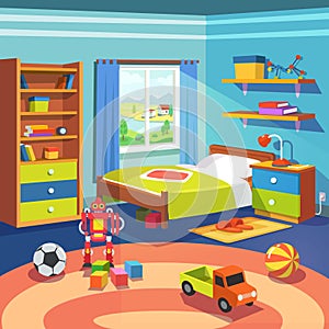 Boy room with bed, cupboard and toys on the floor