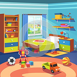 Boy room with bed, cupboard and toys on the floor photo