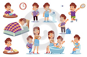 Boy routine. Kid daily activities, little child sleeps bed, wake up and takes bath with mother, does homework and eats